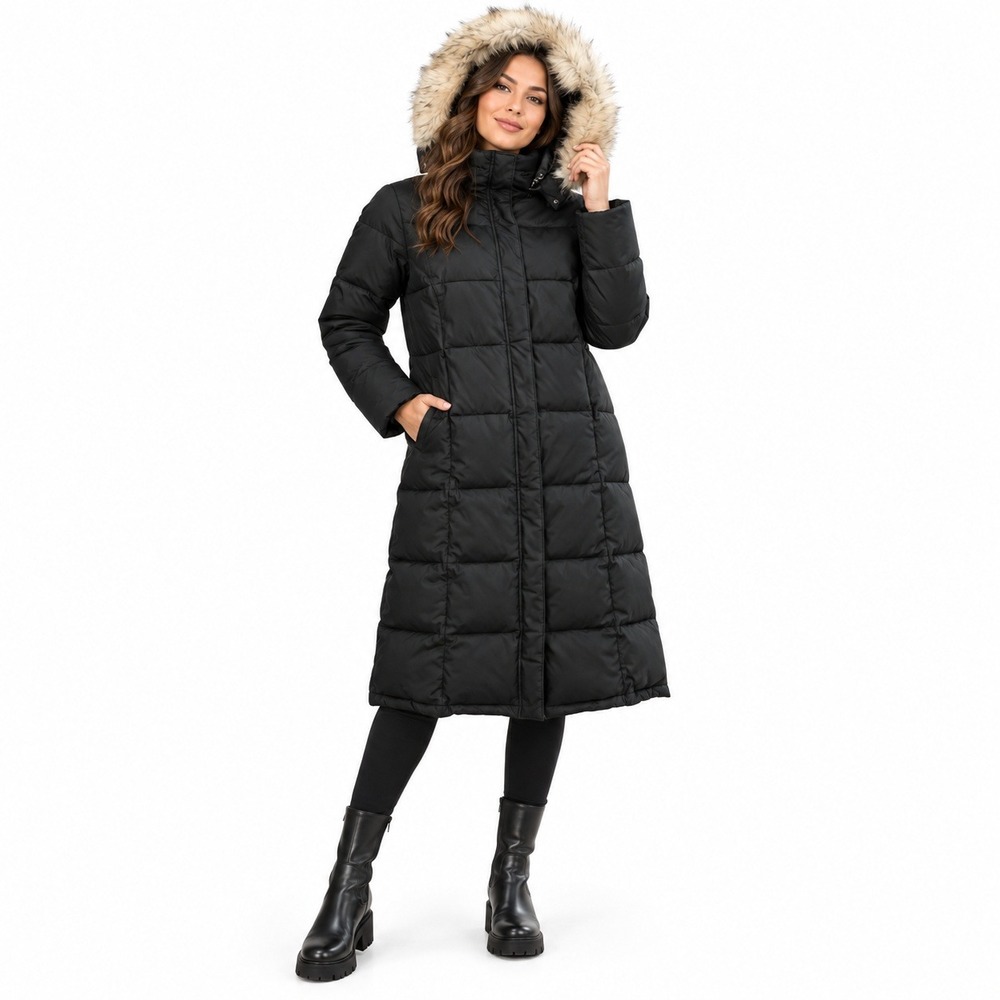 L.L.Bean Down Parka Women XS Black Long Puffer Coat Faux Fur Hood Winter Jacket